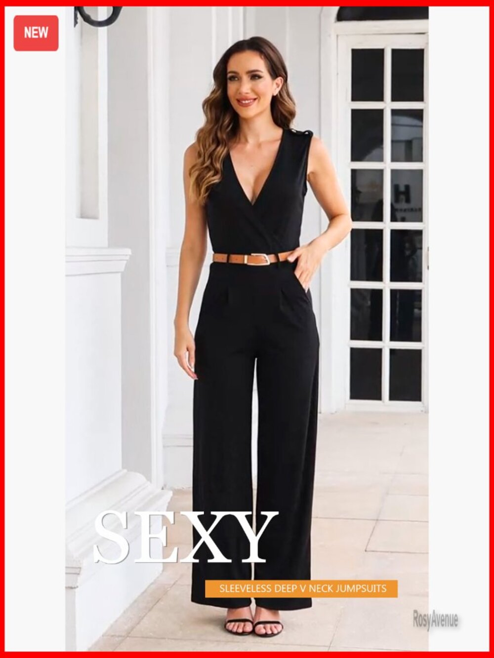 Wide Leg V Neck Sleeveless Jumpsuit with Belt Pockets Business Casual - Picture 7 of 7